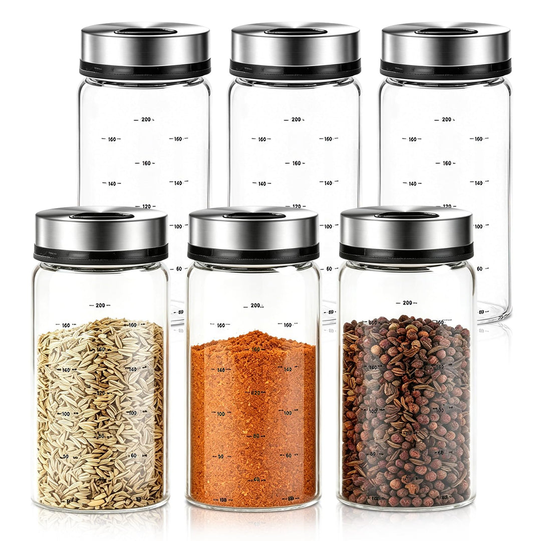 6 Stück Gewürzgläser Mit Drehdeckel 200ml, Borosilikatglas Gewürzstreuer, Gewürzgläser Gross Mit 3 A