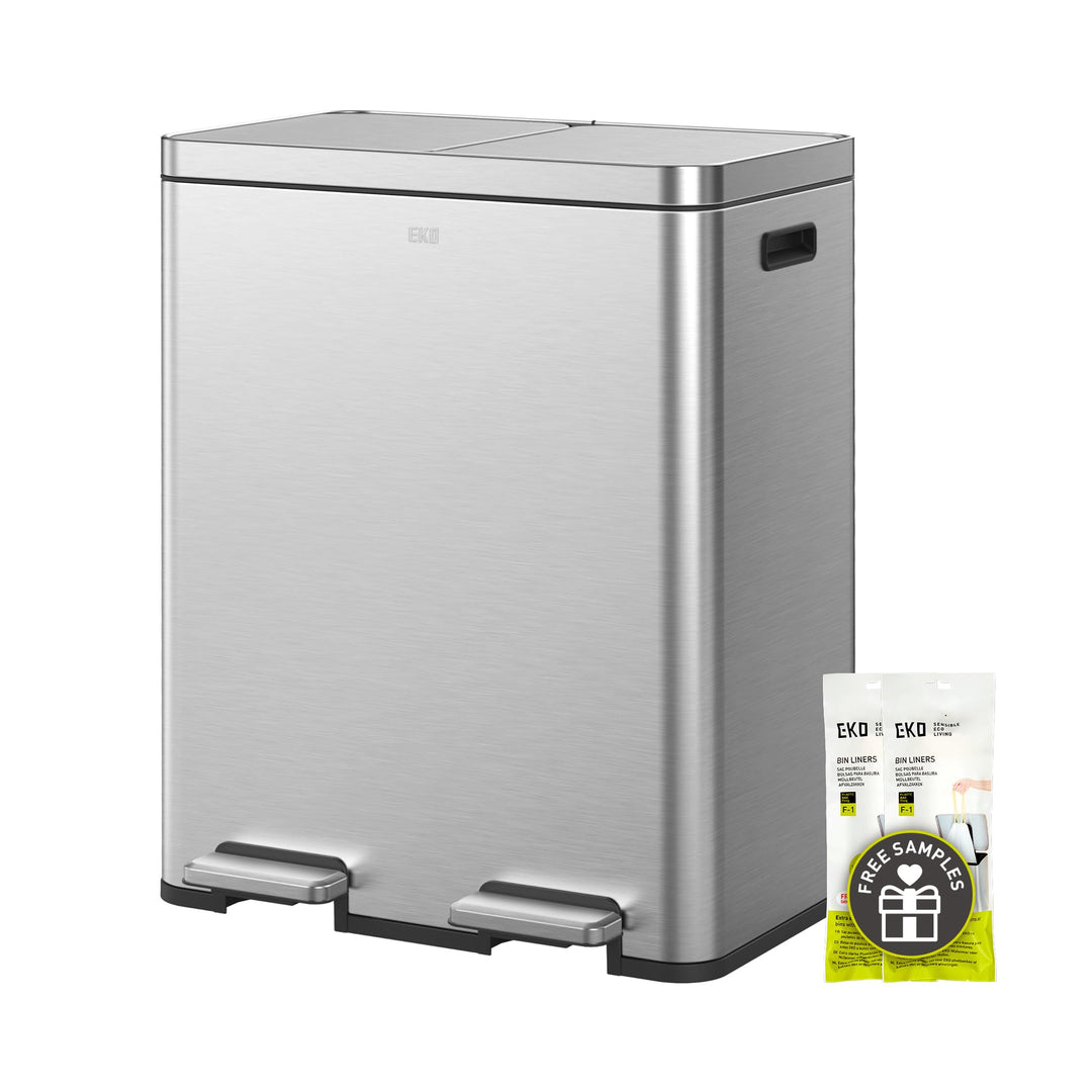 EKO Edison Mülleimer 2 Fächer, 2 x 30 l, Tretmülleimer Küche mit doppeltem Inneneimer, inkl. 20 Müll