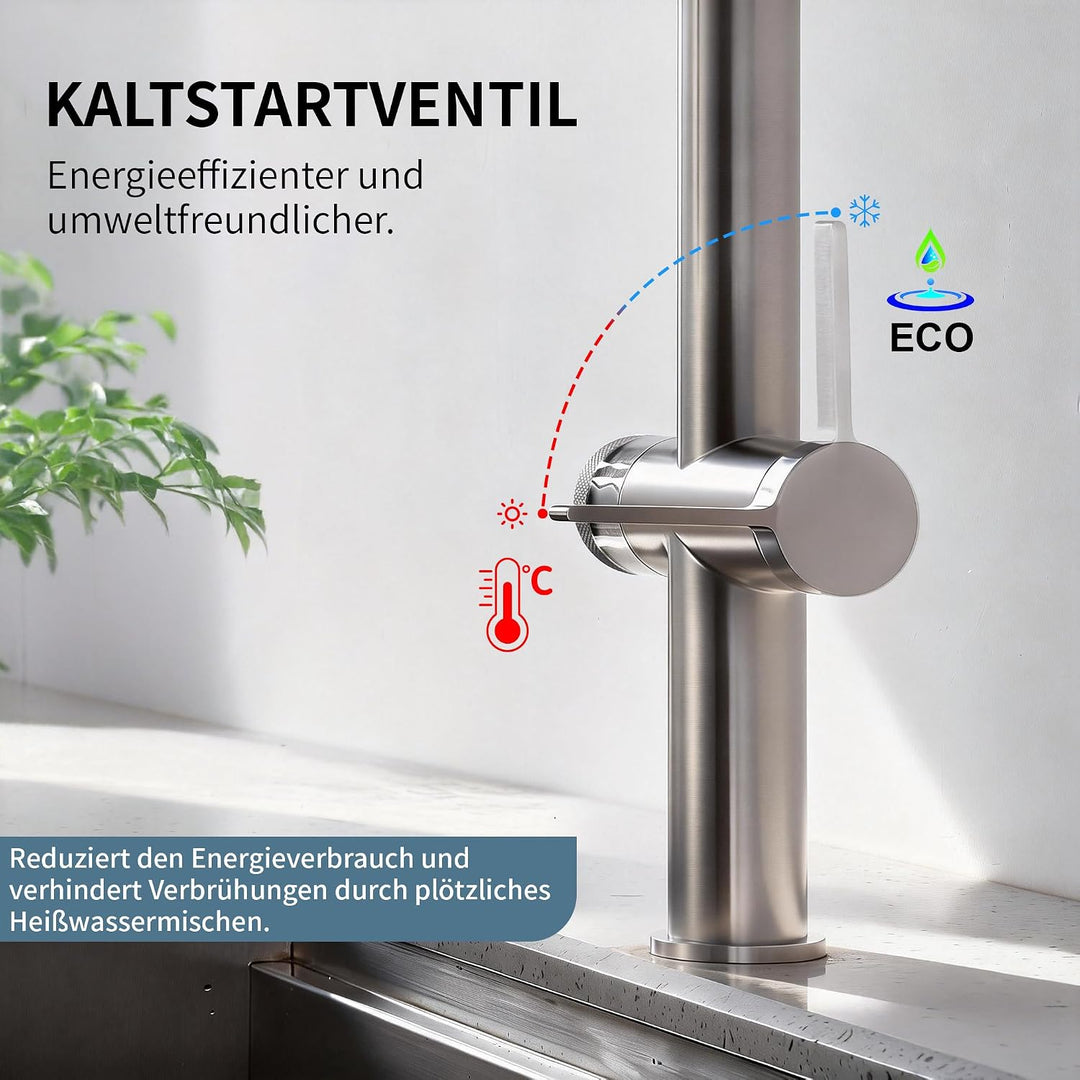 HOMELODY Wasserhahn Küche mit Filter, Hoher Bogen Küchenarmatur mit Ausziehbarer Brause, 360°Drehbar