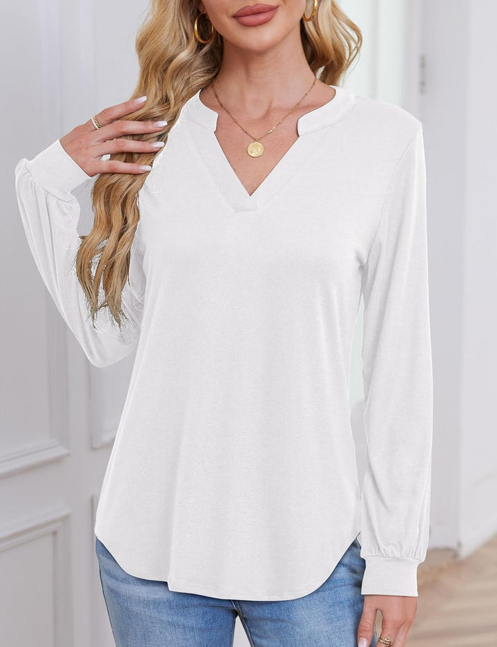 Beluring Langarmshirt Damen Elegant V Ausschnitt Tunika Bluse Einfarbig T-Shirt, S Weiß
