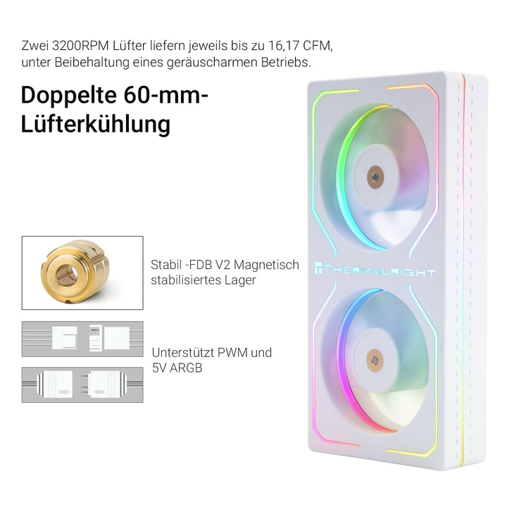 Thermalright MC-2 ARGB White Memory Cooler, Dual-Lüfter mit 3200 U/min PWM-Design, leiser RAM-Kühler