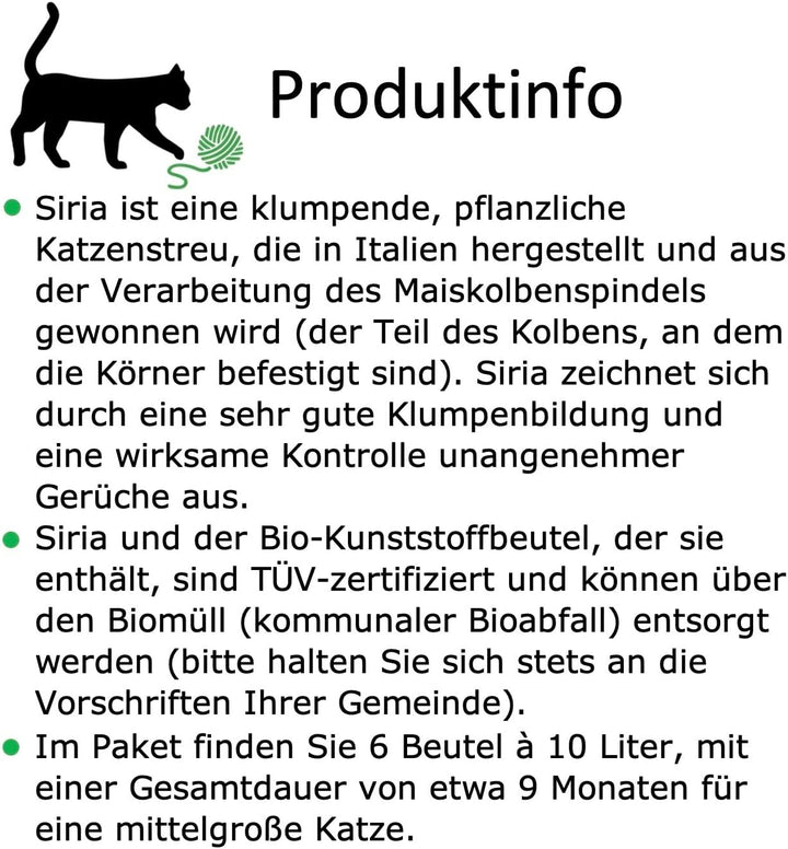 Siria 60L-Katzenstreu Klumpend und Pflanzlich-Set 6 Sack je 10 Liter, 60L