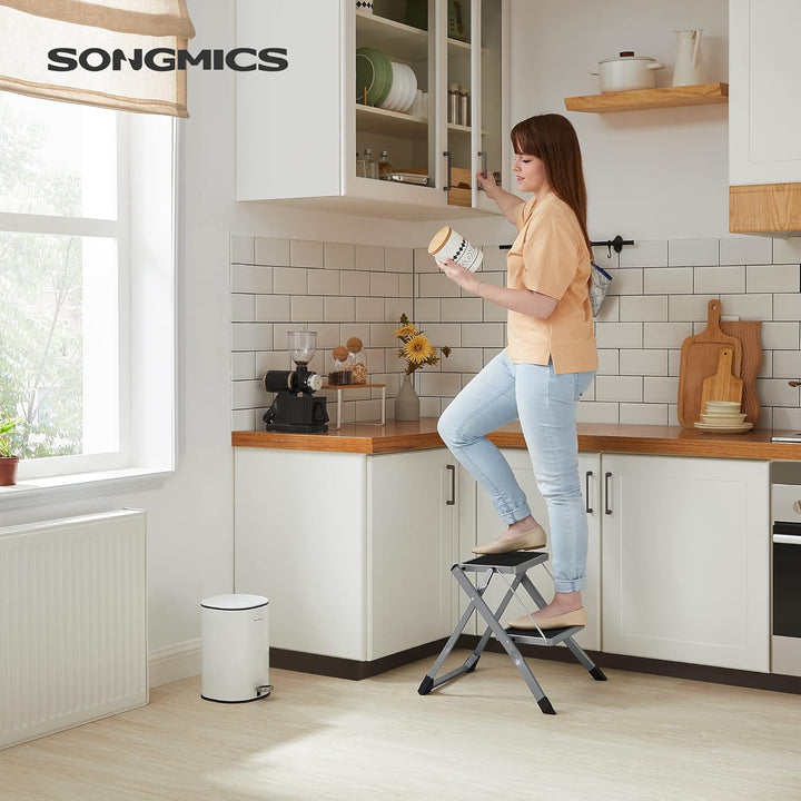 SONGMICS Klapptritt mit 2 Stufen, Trittleiter, Leiter, 20 cm breite Stufen, rutschfeste Gummimatte,