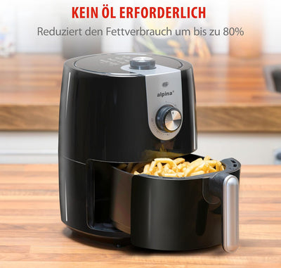 alpina Airfryer 2L - Heissluftfritteuse 900W - Temperatur Einstellbar von 80 bis 200 °C - für 2 bis