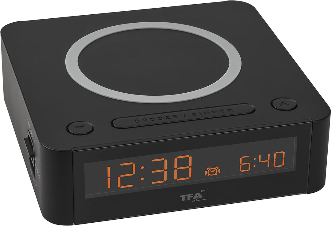 TFA Dostmann Digital Wecker Easy-Charge Wireless, 60.2030.01, mit kabelloser Qi Ladestation, Farbdis