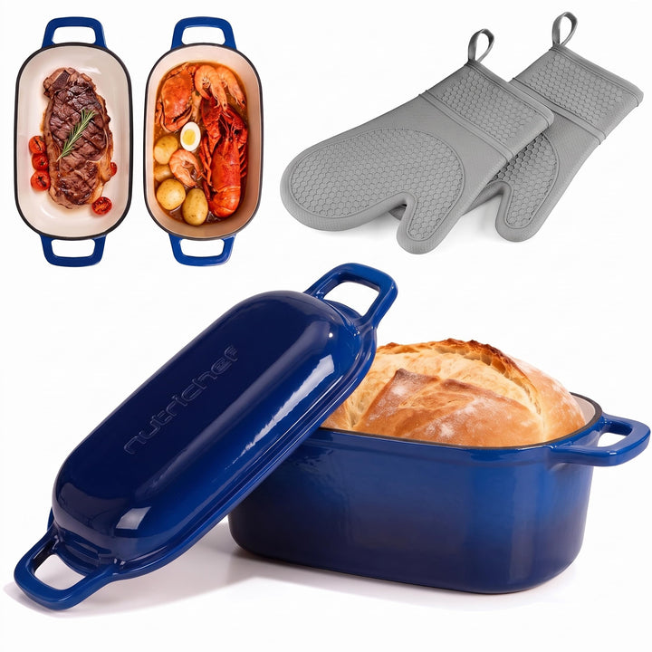 NutriChef Gusseisen Topf - Brotbacktopf - mit Deckel - 25,4 cm ovaler Brottopf mit Silikonhandschuhe