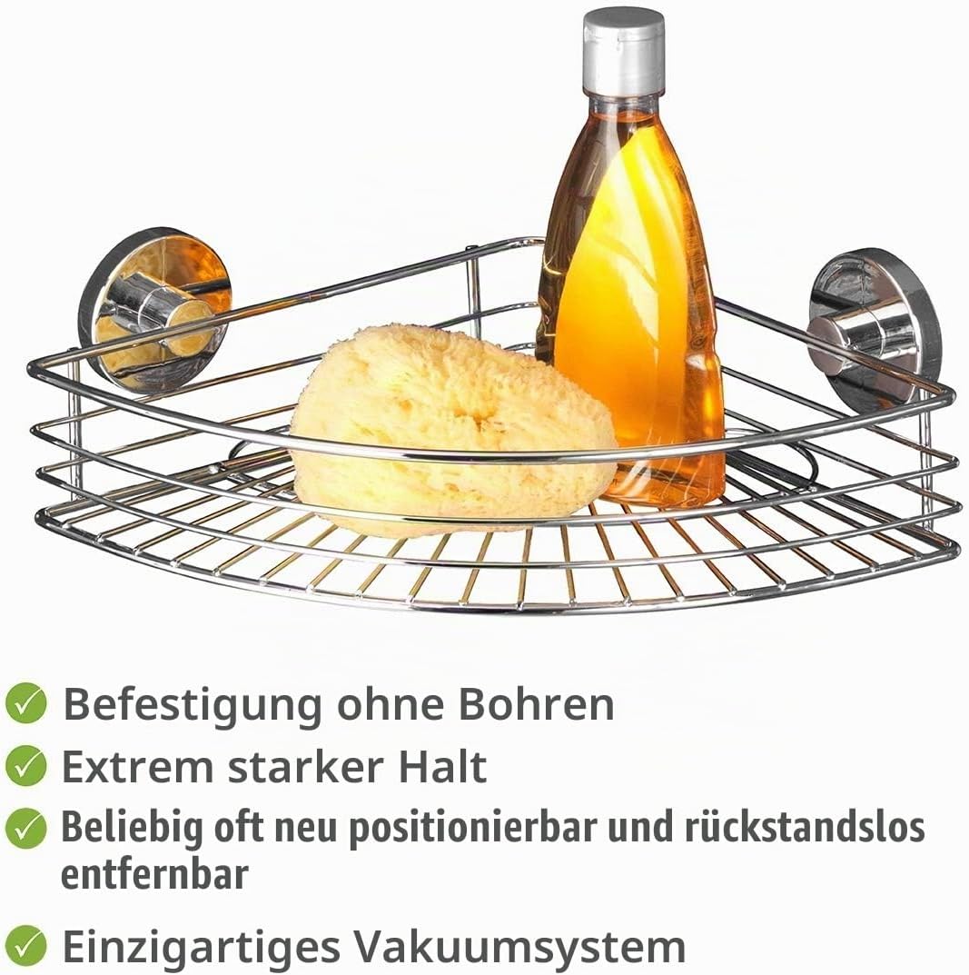 WENKO Vacuum-Loc Eckablage Mod. Bari Wandregal ohne bohren praktische Vakuum-Befestigung verchromtes
