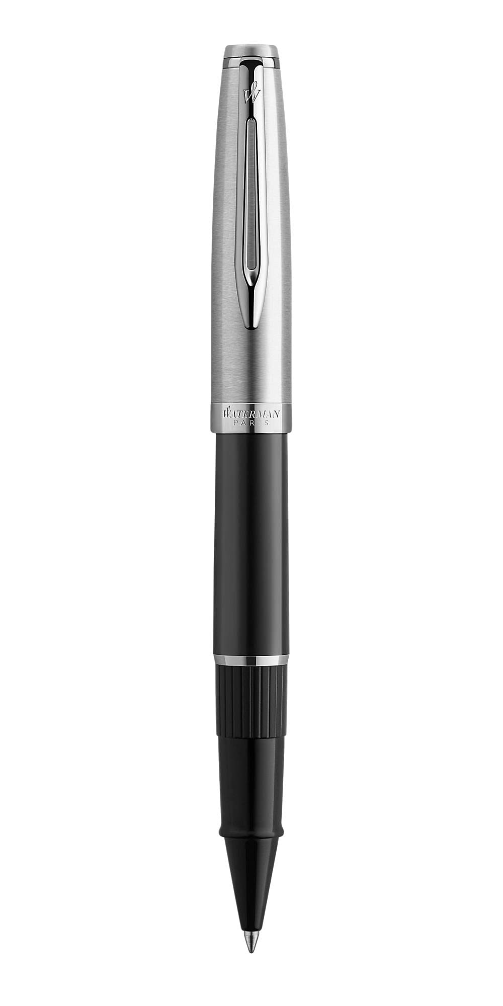 Waterman Emblème Rollerball, schwarz mit Chromzierteilen, feine Schreibspitze, schwarze Tinte, Gesch