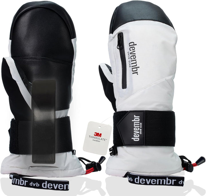 devembr Ski-Fäustlinge mit Handgelenkschützern, Warme Snowboard-Fäustlinge, Wasserdicht (S/M/L) Weis