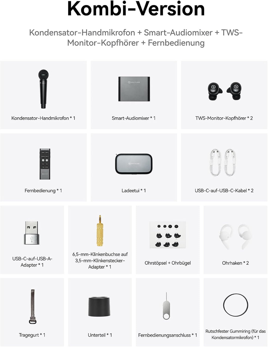 Hollyland MELO P1 Combo: All-in-One Funkmikrofon-System mit Mixer, Monitor-Kopfhörer, KI-Rauschunter