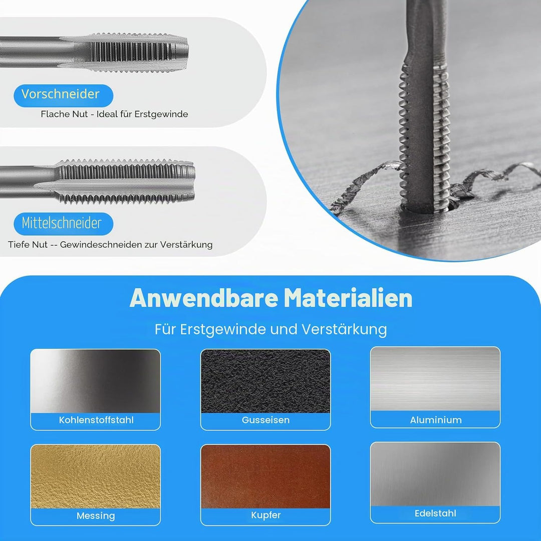 Gewindeschneider Set Metrisch M3-M12 Gewindeschneidsatz, Gewindebohrer Schneideisen Set mit Bohrer,