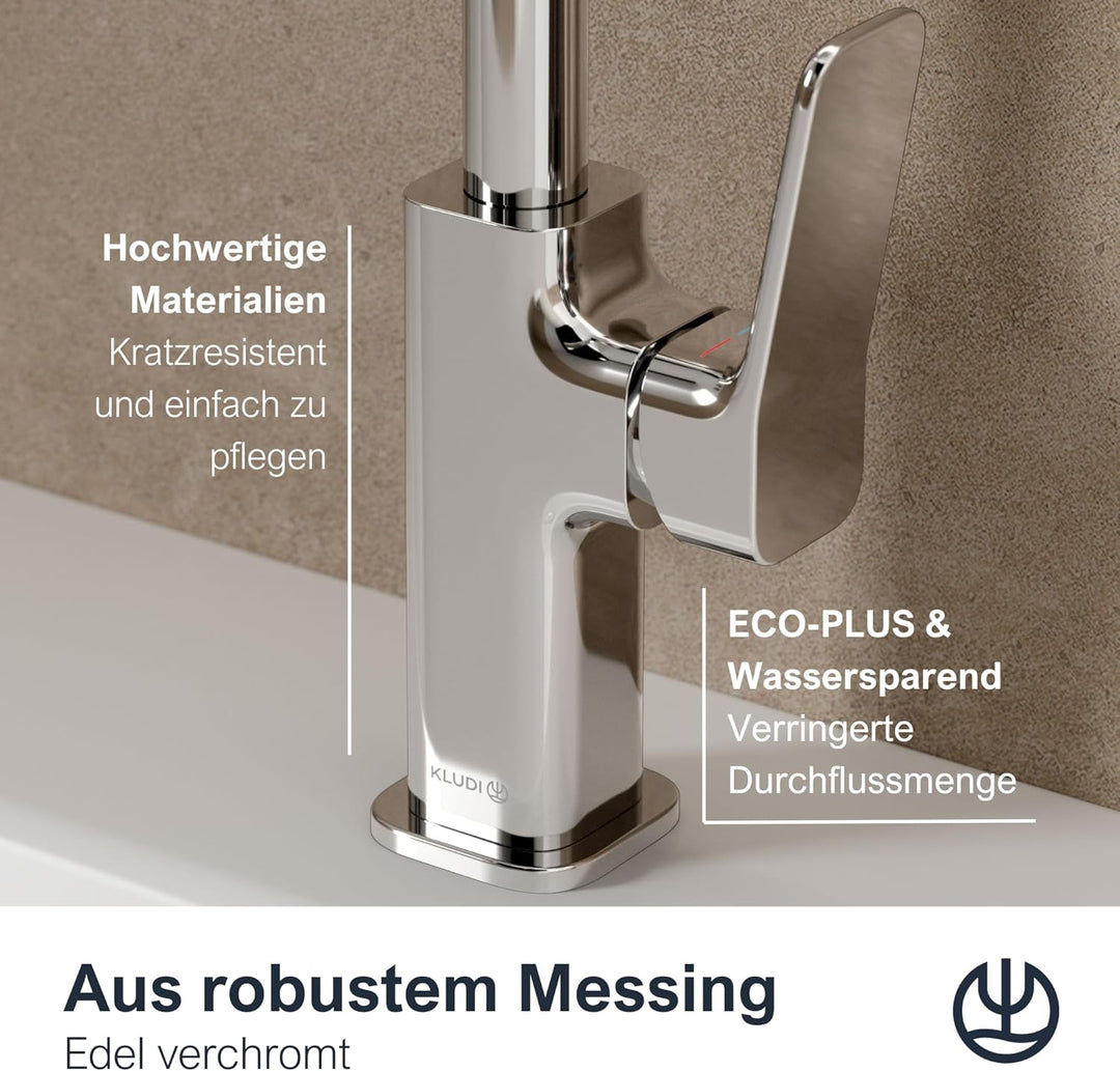 KLUDI-X3 Waschtischarmatur, 360° schwenkbar, Auslaufhöhe 180 mm, wassersparender Wasserhahn Bad Grös