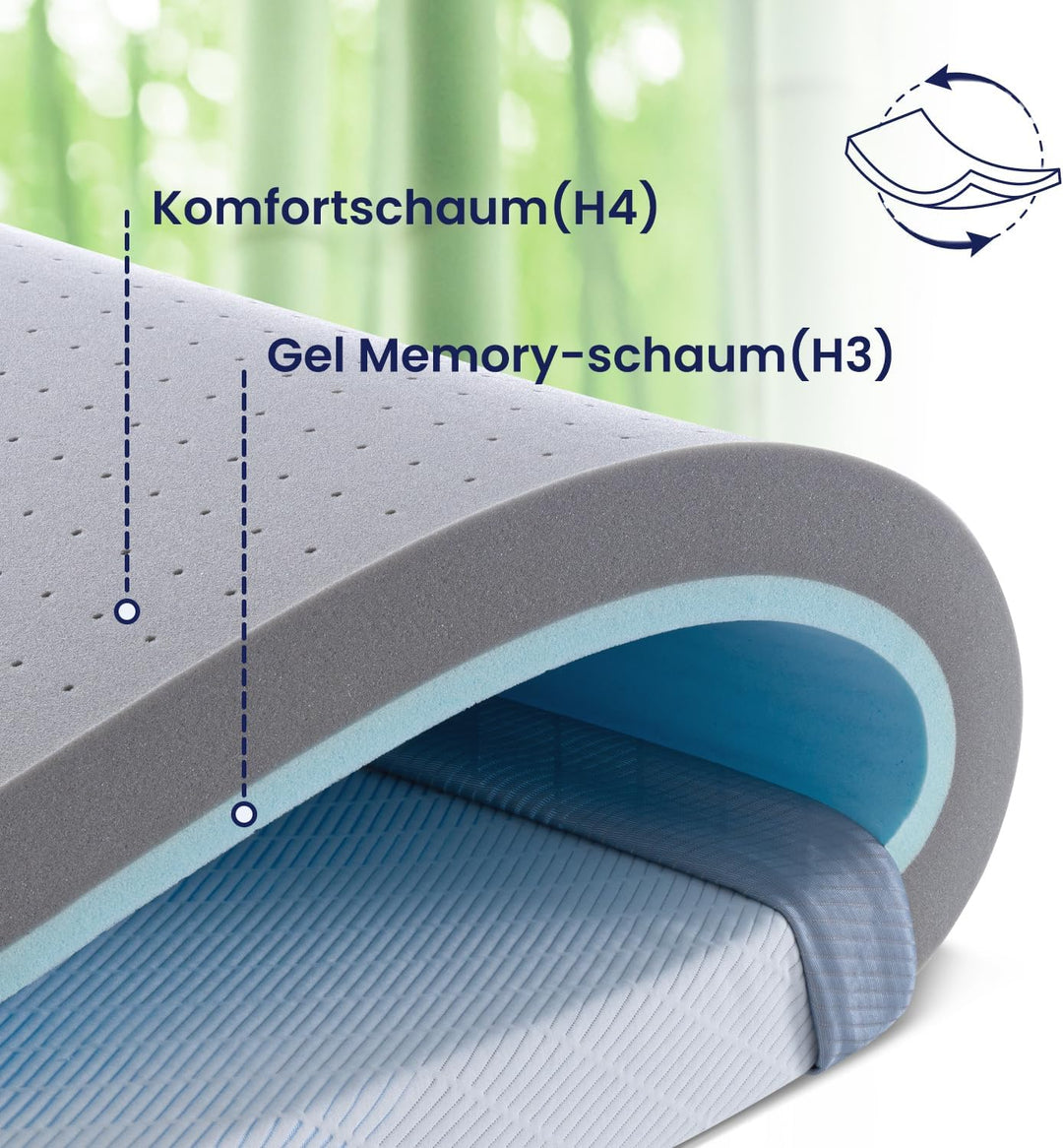 BedStory Gel Topper 90x200cm 10cm Höhe Matratzentopper aus Gel Memory Foam，H3&amp;H4 Gel Schaum Bambus T