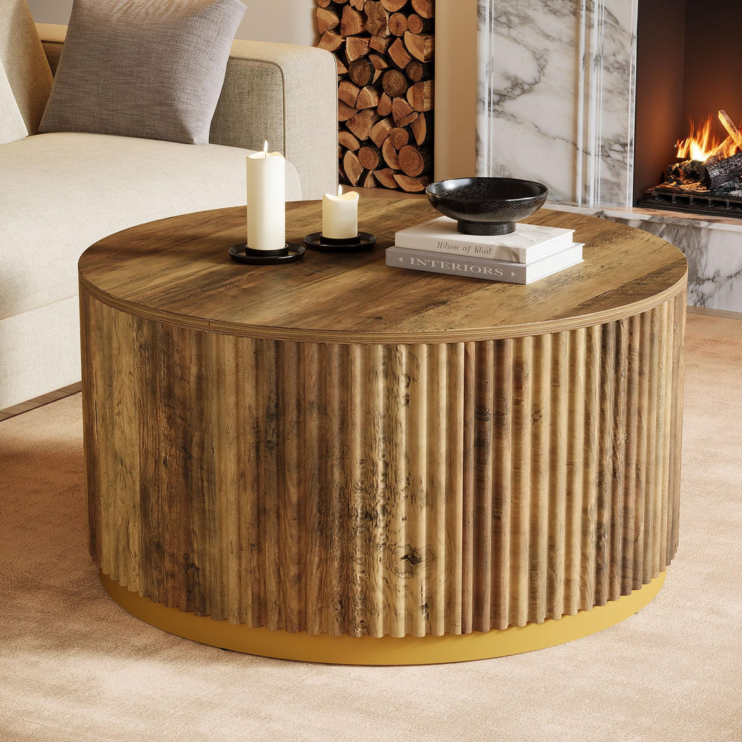 Tribesigns 80 cm runder Couchtisch, geriffelter Holztisch mit stabilem Trommelgestell, Wohnzimmertis