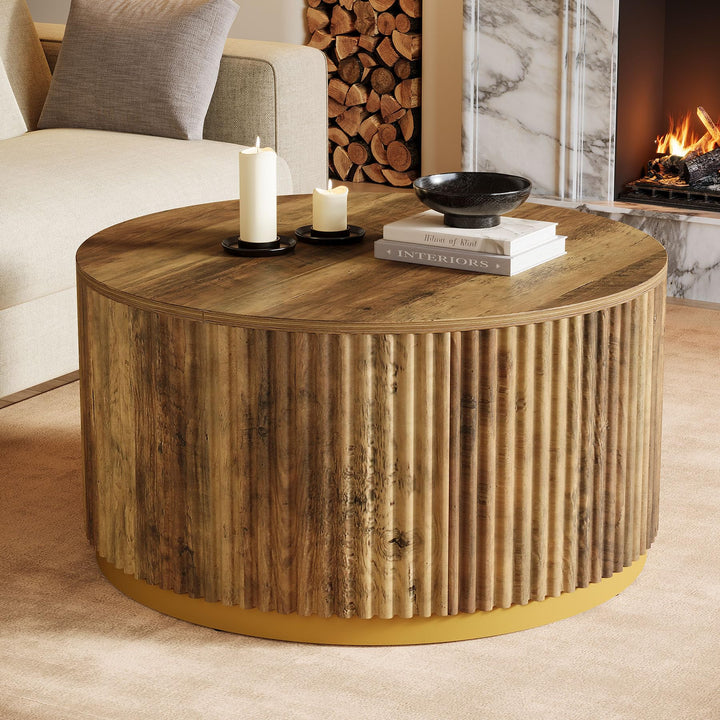 Tribesigns 80 cm runder Couchtisch, geriffelter Holztisch mit stabilem Trommelgestell, Wohnzimmertis