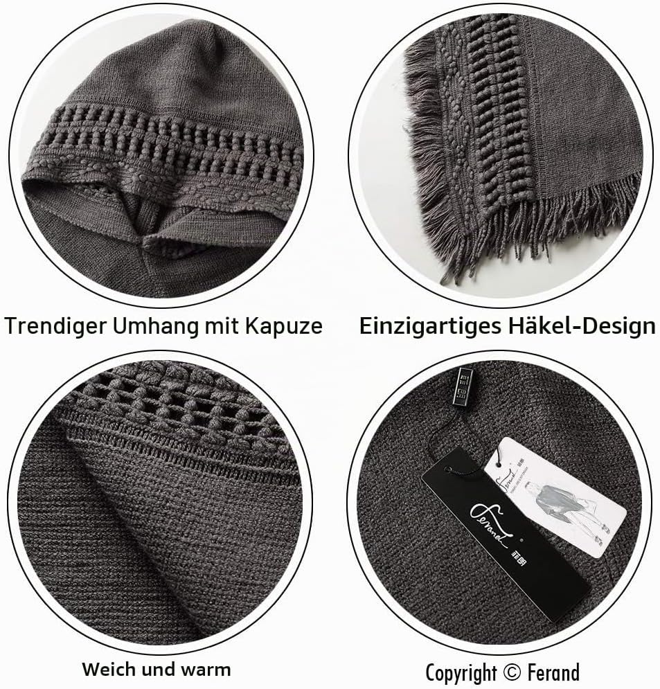 Ferand Damen Poncho mit Kapuze und gehäkeltem Cape mit Fransensaum für Herbst Winter Einheitsgrösse