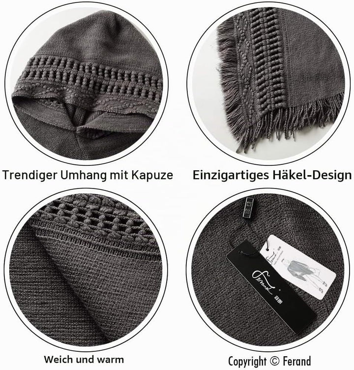 Ferand Damen Poncho mit Kapuze und gehäkeltem Cape mit Fransensaum für Herbst Winter Einheitsgrösse