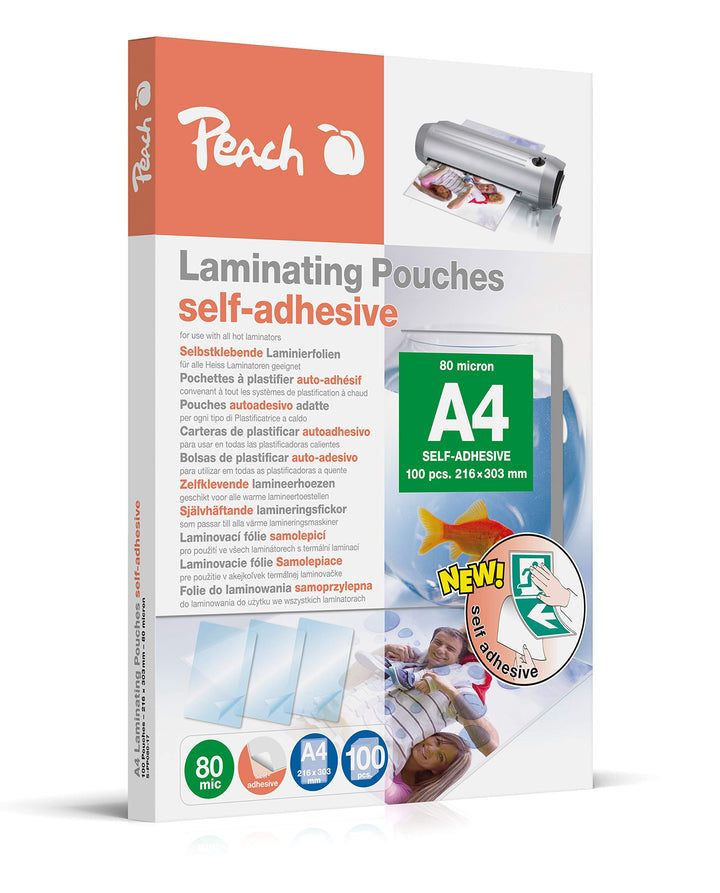 Peach Laminierfolien A4 - 80 mic - 100 pouches - selbstklebende Rückseite - geeignet für selfmade Bi