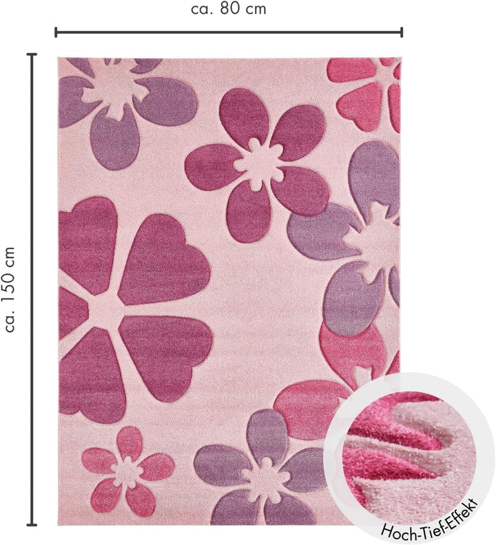 Kinderteppich Mädchen Kinderzimmer Blumen Design komplett umkettelt strapazierfähig pflegeleicht – h