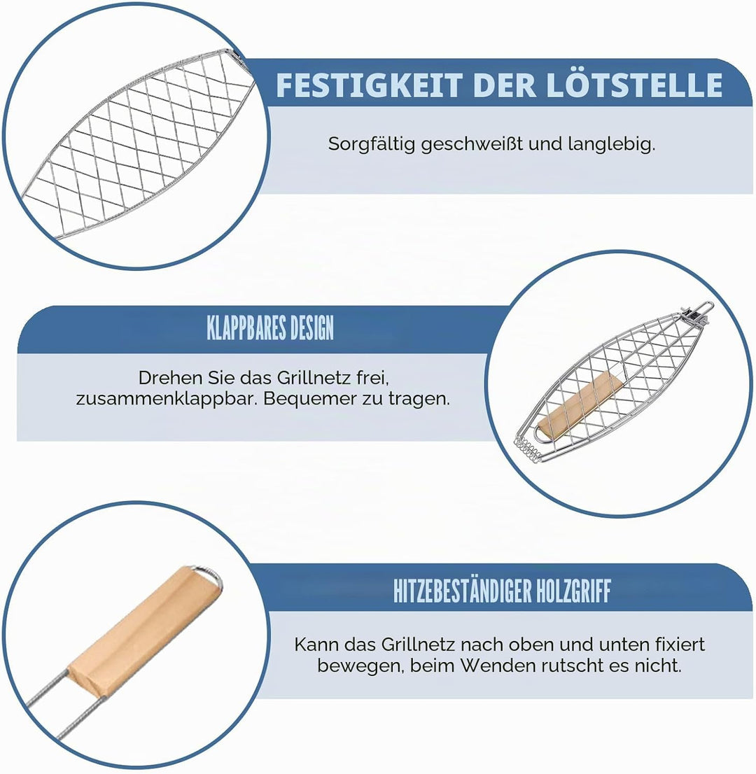 Fisch Grillhalter mit Holzgriff 4er, 63x12cm Grosse Fischbräter Fischgriller mit Griff, Edelstahl Gr