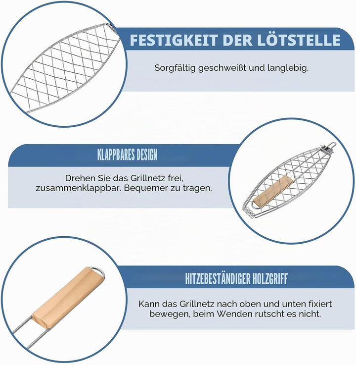 Fisch Grillhalter mit Holzgriff 4er, 63x12cm Grosse Fischbräter Fischgriller mit Griff, Edelstahl Gr