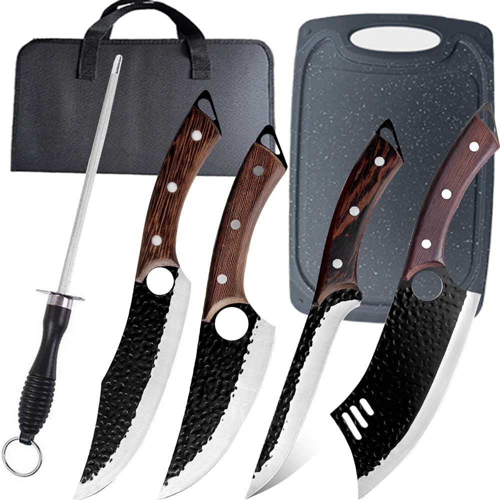 6 Pcs Kochmesser Set Mit Tasche, Küchenmesser, Wetzstahl,Schneidebrett, Handgeschmiedet Chefmesser,