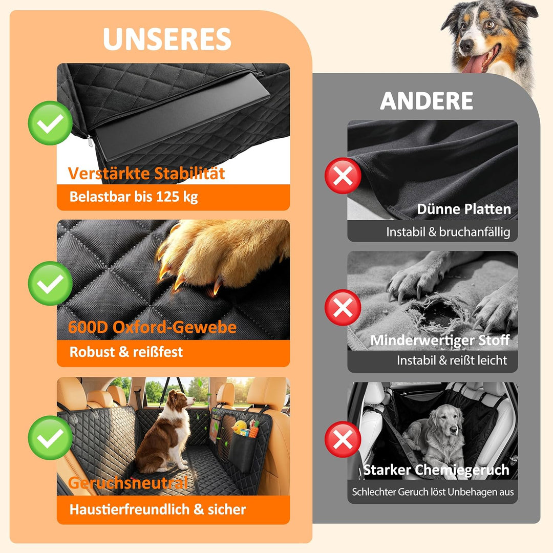 Hundedecke Auto Rückbank mit Hartboden, 137 x 63cm, Hunde Autositz Rückbank für grosse Hunde, stabil