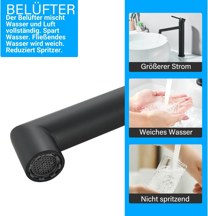 Waschtischarmatur Schwarz Matt Hoch Wasserhahn Bad Badezimmer Waschbecken Armatur Edelstahl Einhebel
