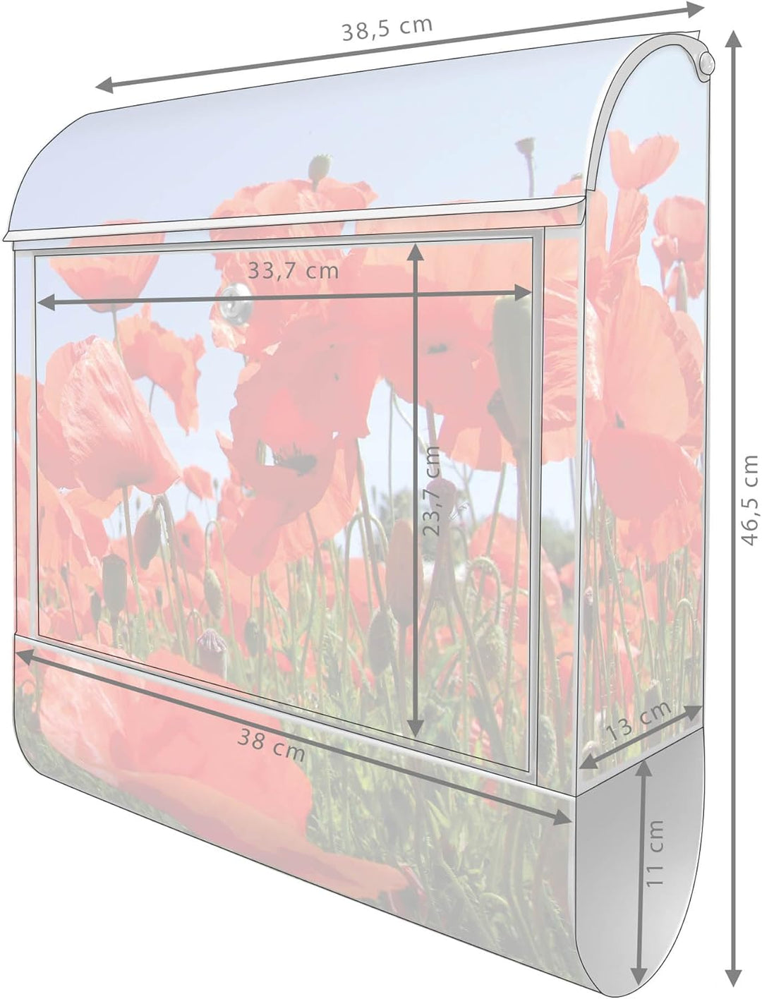 banjado® Design Briefkasten mit Motiv Mohnblumen 39x47x14cm &amp; 2 Schlüssel - Briefkasten Stahl Silber