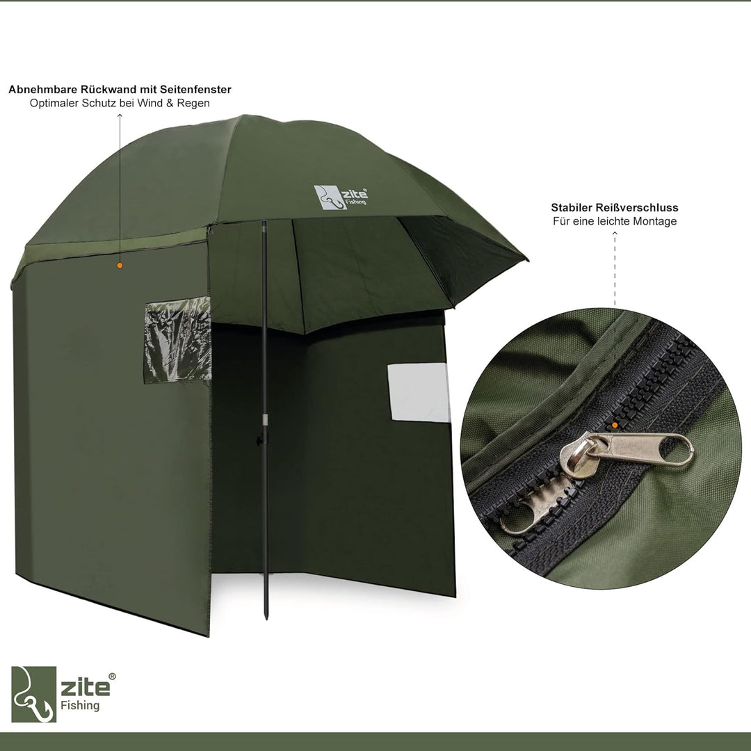 Zite Fishing Schirmzelt Wasserabweisend [Anglerzelt Halboffen & Geschlossen 250cm + Schirmstütze] Ka