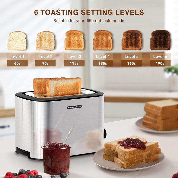 KitchenBoss Edelstahl Toaster 2 Scheiben：Toaster mit 6 Bräunungsstufen | Brötchenaufsatz, Abschaltau