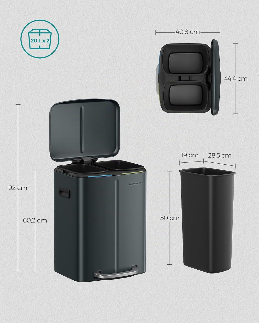 SONGMICS Mülleimer Küche, 2 x 20 L, Mülltrennsystem 2 Fächer, Abfalleimer Metall, Treteimer, Innenei