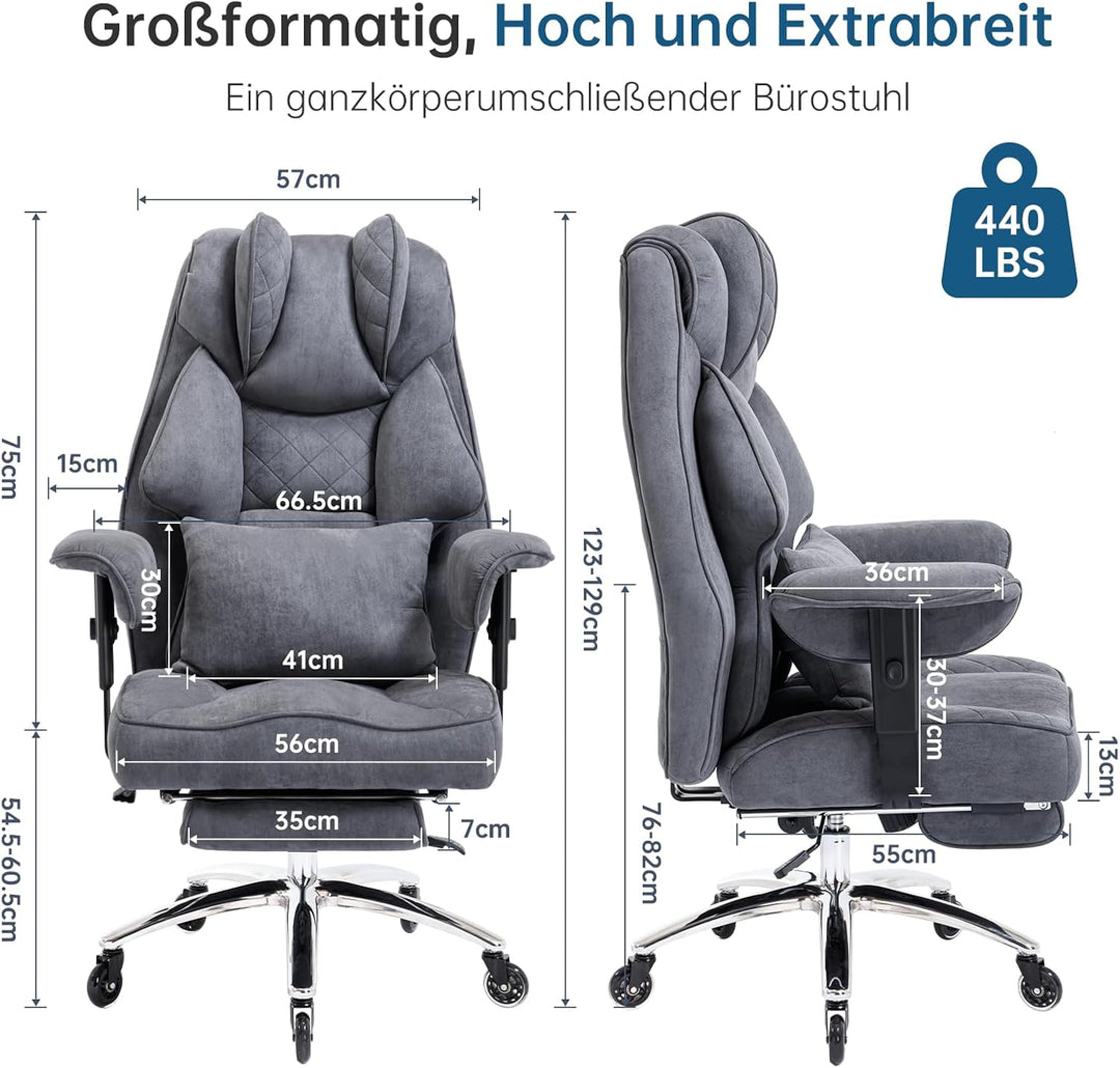 Ergonomischer Bürostuhl 200kg, Chefsessel mit Fussstütze, Schreibtischstuhl mit Lendenkissen, Bequem