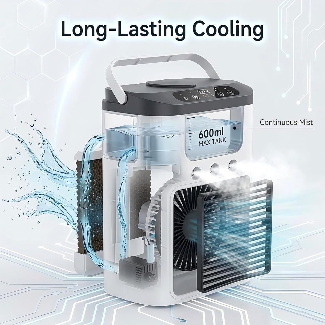 Tragbarer Luftkühler Ventilator, Mini Klimaanlage mit 3 Geschwindigkeiten & 3 Sprühmodi, 600ml Wasse