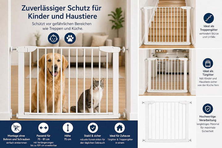 Fiducia Türschutzgitter Treppenschutzgitter erweiterbar bis 95 cm Ohne Bohren Hundegitter Türschutz