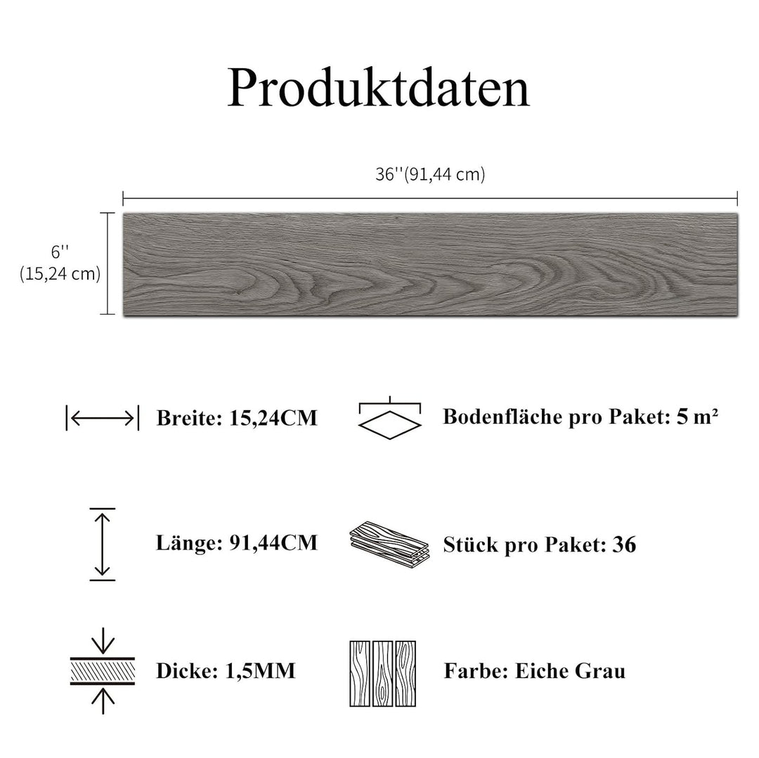Mysflosy Vinylboden Selbstklebend, PVC Bodenbelag holzoptik wasserdicht, Graue Eichenfarbe 15,24 cm