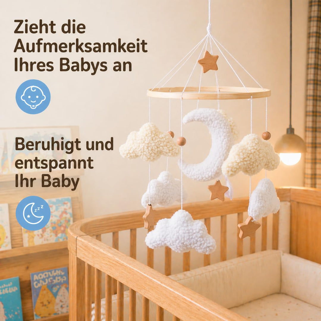Baby Mobile für Babybett, Kuschelmond Filz Mobile Baby mit weichen Teddy-Elementen, handgemachtes Mo