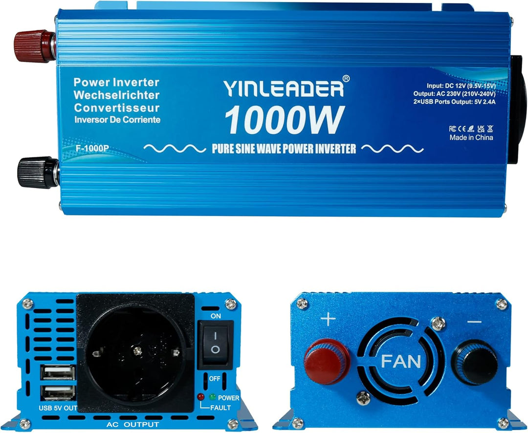 Yinleader Wechselrichter 1000W /2000W 12V 230V Reiner Sinus Spannungswandler mit 1 Steckdose 2 USB A