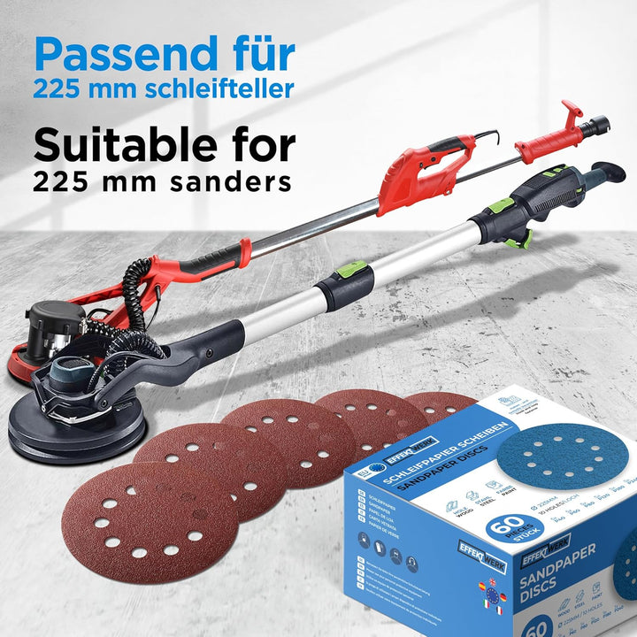 Effektwerk Schleifscheiben (60er-Pack, 10 Löcher), 225 mm Schleifpapier für Fein- und Grobschliff, v