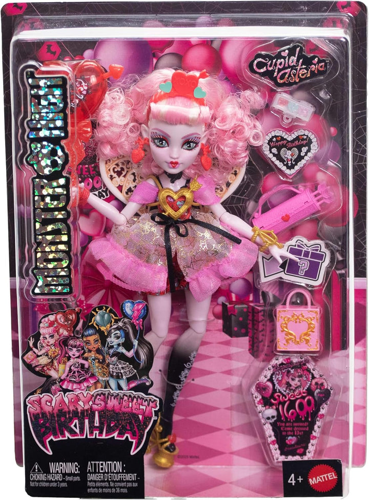 Monster High Scary Sweet Birthday-Puppe, Cupid Asteria im rosa und roten Partykleid mit themenbezoge