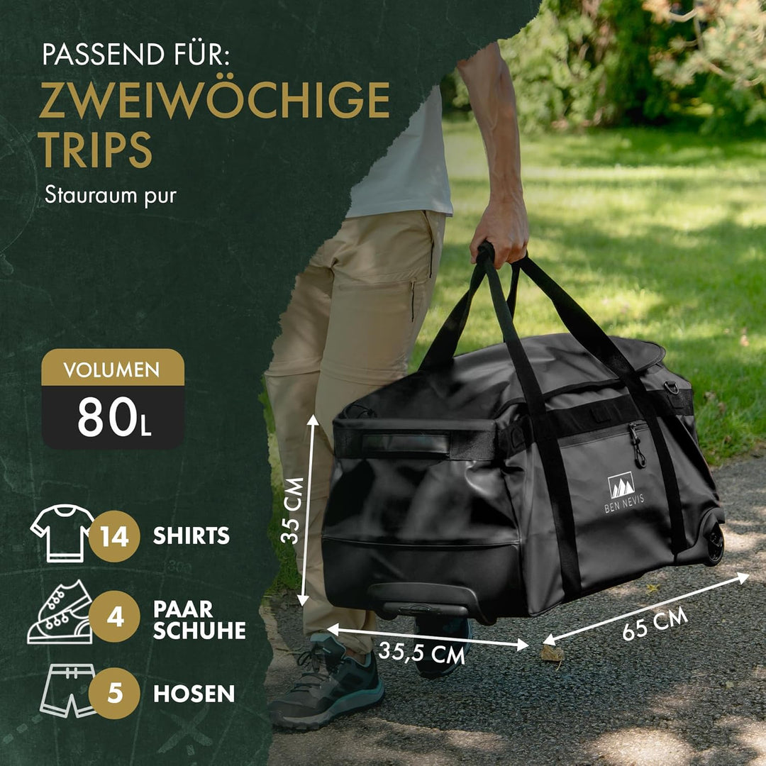 BEN NEVIS Reisetasche mit Rollen – 3in1 Tasche, Trolley + Rucksack [Gross 80L - 3,4kg] Travel Bag Re