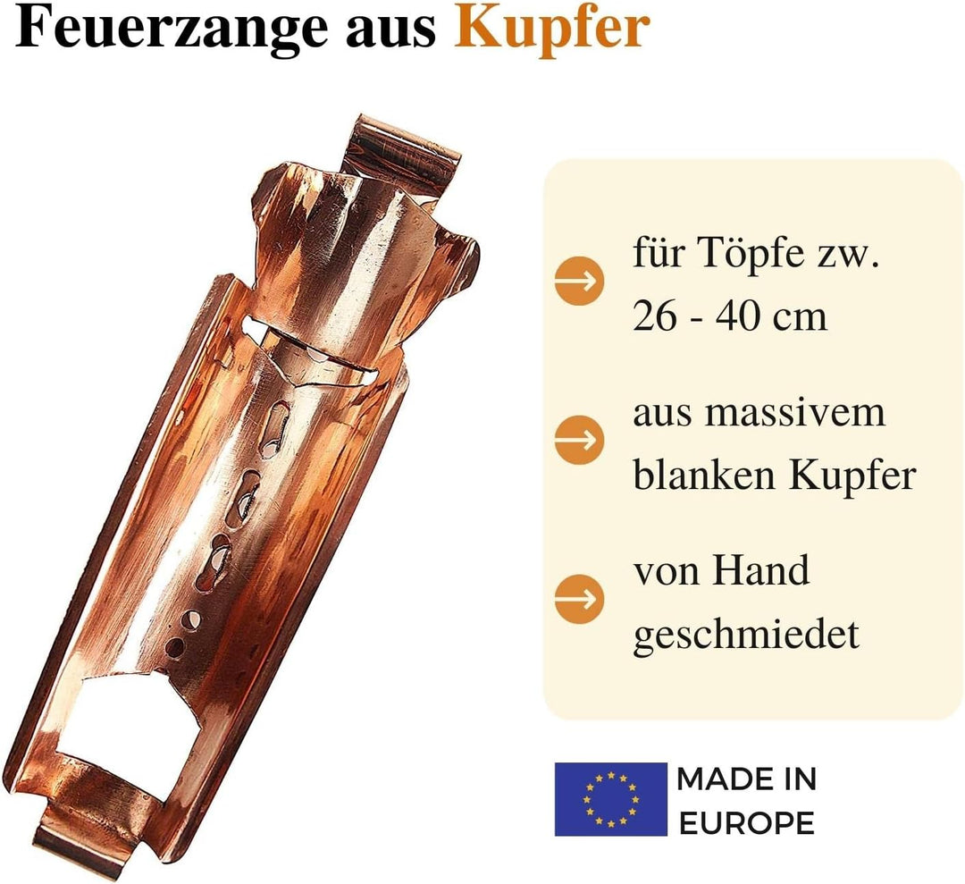 CopperGarden handgeschmiedete & verzinnte Feuerzange aus blankem Kupfer I Feuerzangenbowle I Verstel