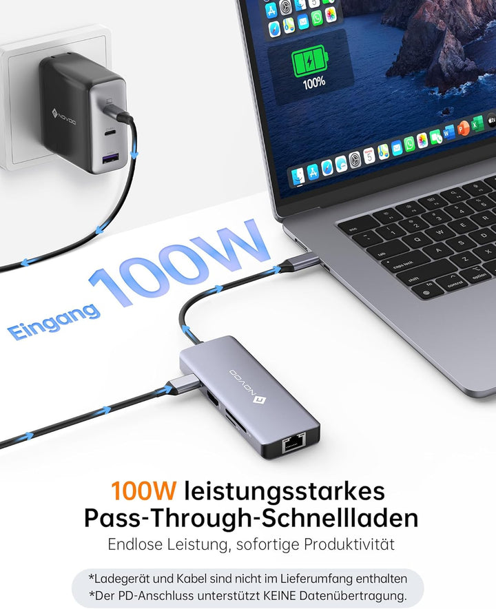 NOVOO USB C Hub 4K@60Hz HDMI 8-in-1 USB C Adapter Gigabit Ethernet Docking Station mit 100W PD, SD/T