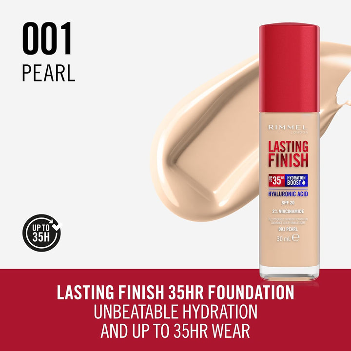 Rimmel London Lasting Finish 35 Hour 001 Pearl Foundation, langanhaltend, feuchtigkeitsspendend, veg