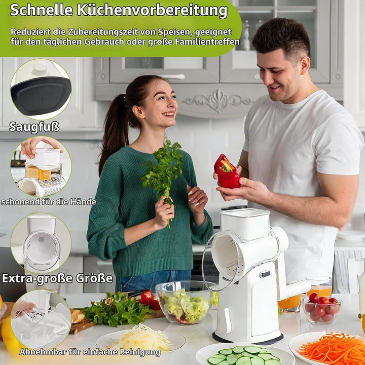 Gemüsereibe mit Kurbel, dellyy 5 Klingen Sets, Edelstahl Trommelreibe, Verstecktes Aufbewahrungsfach