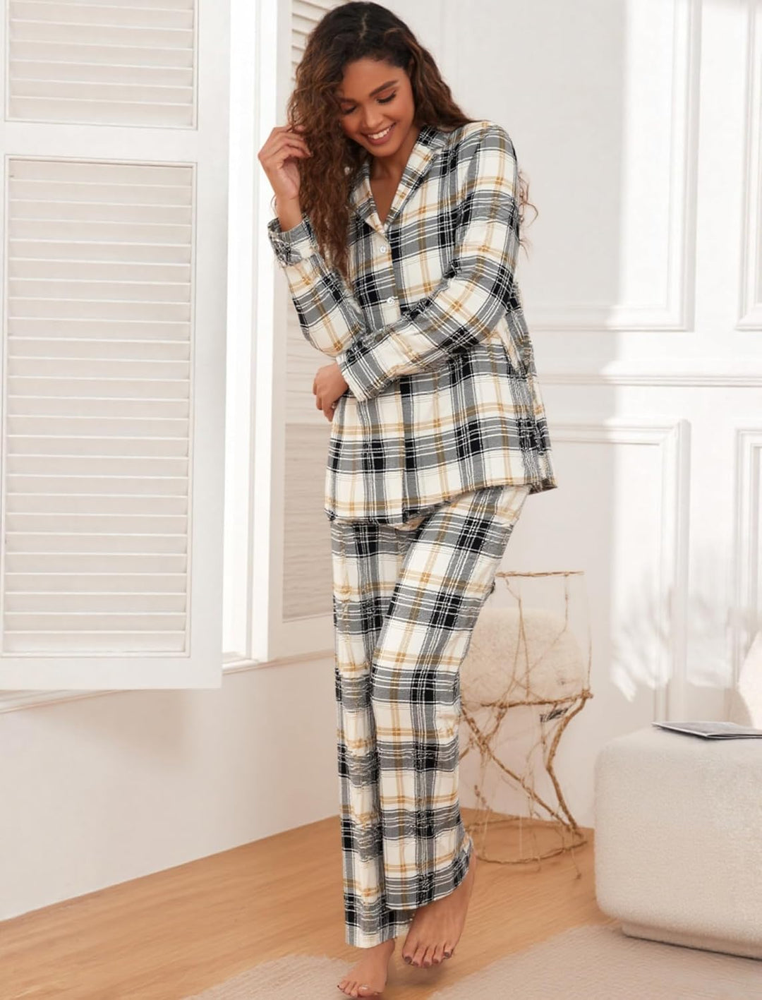 Famulily Frauen Langarm Pyjama Set Plaid Loungewear Sets Button Up Top und Wide Leg Hosen S-XXL S Be