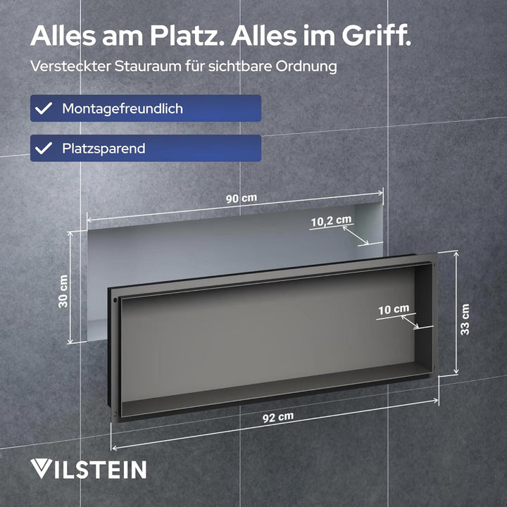 VILSTEIN Wandnische Dusche 30x90 cm - ROSTFREI - Randlose Duschnische - Schwarz - Einbauregal für Du