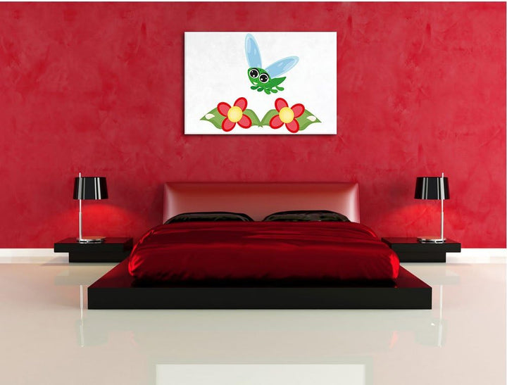 Pixxprint süsse Libelle mit Blumen weiss, Format: 100x70 auf Leinwand, 100x70
