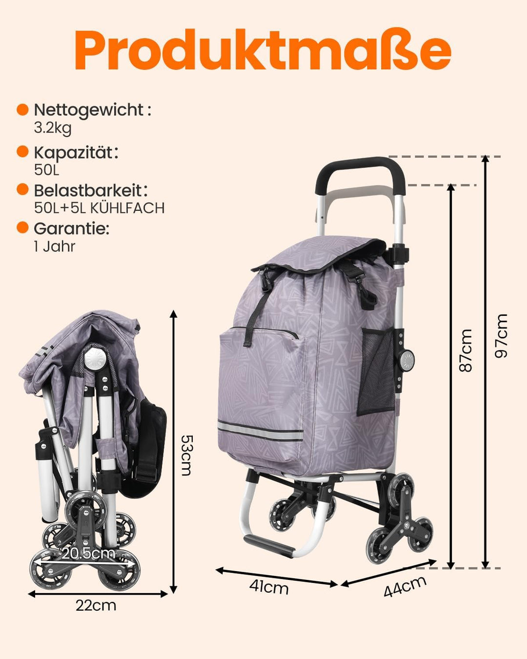 Homecall Einkaufstrolley klappbar Einkaufswagen mit 50L + 5L kühlfunktion Bis 50KG, Einkaufstasche m