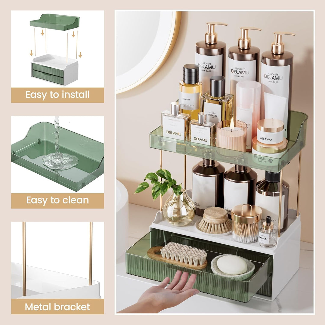 Delamu Make Up Organizer mit 2 Schubladen, 2 Etagen Kosmetik Organizer, Multifunktions Grösser Kosme